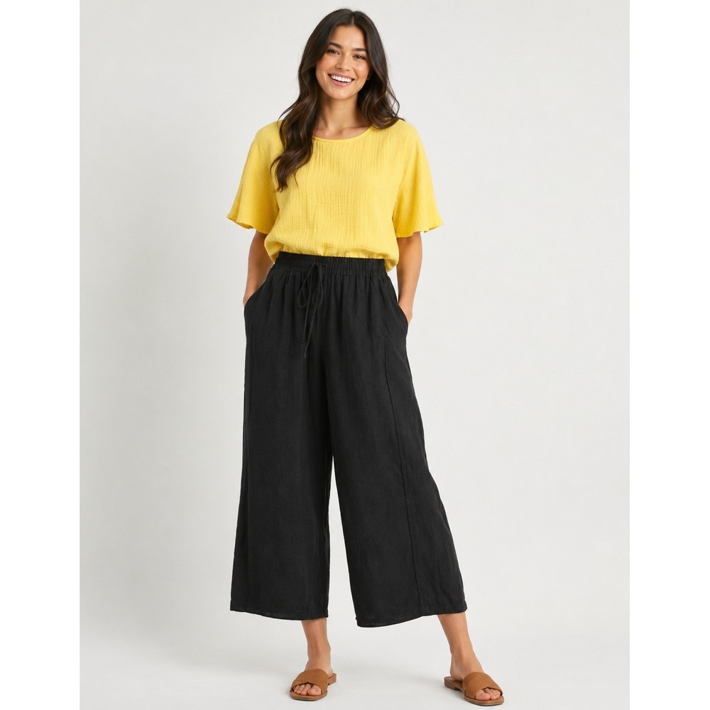 Umgee Black Wide Leg "The Fray" Linen Blend Pants XL NWT‎ Drawstring Waist